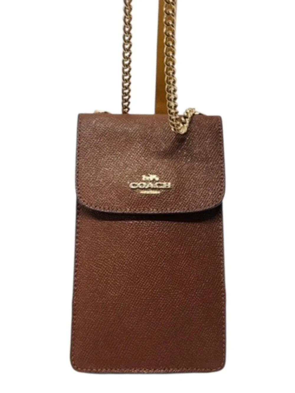 Coach Brown/Tan Leather Crossbody Phone Pouch Chain Strap Gold Hardware